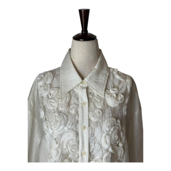 Anewsta Shirt Women Medium White 3D Floral‎ Button Down Blouse NWT Boho Elegant - Picture 4 of 13